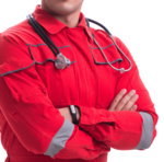 Eine Uniform im Stil eines Rettungssanitäters oder prästationären Arztes für den ACLS Advanced Cardiovascular Life Support Kurs